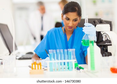 Serious Indian Scientist Recording Liquid Chemicals In Laboratory