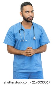 Serious Latin American Male Nurse Or Doctor Isolated On White Background For Cut Out