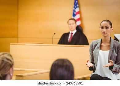 Serious Lawyer Make A Closing Statement In The Court Room