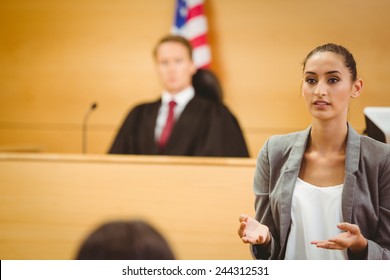 Serious Lawyer Make A Closing Statement In The Court Room