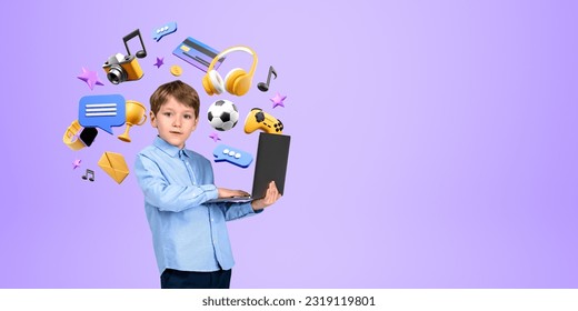 Serious little boy kid holding laptop standing over purple background with online entertainment and gaming icons around him. Concept of modern technology. Copy space - Shutterstock ID 2319119801