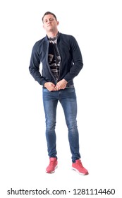 Serious Macho Adult Casual Man Getting Dressed Zipping Bomber Jacket. Full Body Isolated On White Background. 