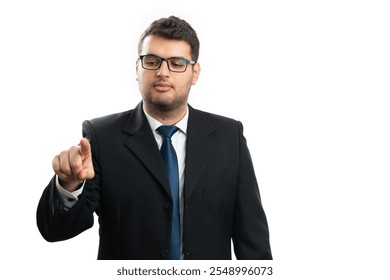 Serious male adult entrepreneur wearing office suit and glasses touching invisible screen display blank copyspace with index finger isolated on white background - Powered by Shutterstock