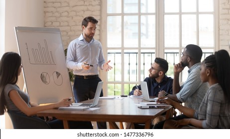 Serious Male Manager Presenter Businessman Speaker Give Business Presentation To Diverse Employees Group At Office Meeting Workshop In Conference Room Teach Team At Corporate Training Lecture Seminar