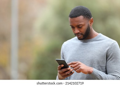 Serious man with black skin using cell phone walking in a park