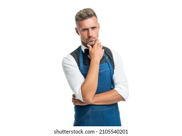 Serious Man Crop View In Apron And Bow Stroking Chin Isolated On White, Cafe Owner