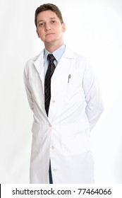 Serious Man On His Thirties On Lab Coat And Tie