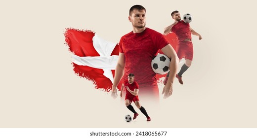 Serious man, soccer player representing team of Denmark. Danish flag on background. Creative collage. Concept of football sport, championship, game, competition, tournament. Poster for sport events