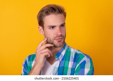 So Serious. Mans Portrait Yellow Background. Portrait Of Guy With Straight Face. Handsome Dude