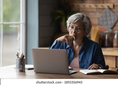 Serious mature woman wearing glasses working on laptop online, sitting at desk on kitchen, focused senior businesswoman reading email, looking at screen, watching webinar, studying in internet - Powered by Shutterstock