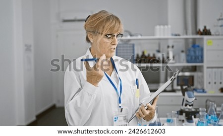 Serious middle age blonde woman scientist ardently sends out voice message from her smartphone whilst working on a medical document in the lab