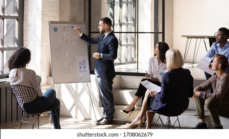 Serious Middle-aged Businessman Talk Make Whiteboard Presentation For Multiracial Employees In Modern Office, Concentrated Male Director Present Business Project On Flip Chart For Diverse Colleagues