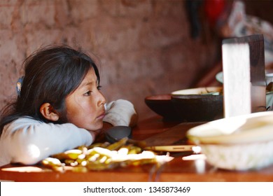 Serious Native American Kid Using Notebook.