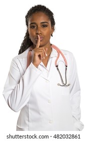 serious nurse asking for silence with hand gesture