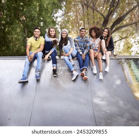 Serious, portrait and group of friends at skatepark for bonding, skating and sitting together. Gen z, diversity and young people with skateboard for practice or training for competition together. - Powered by Shutterstock