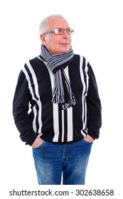 Serious Portrait Of Old Senior Business Man With Glasses, Dressed In Sweater, Jeans And Scarf On The Neck, Looking To Right, Isolated On White Background