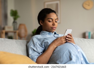 Serious Pregnant Black Lady Using Cellphone Texting Sitting On Sofa At Home. Modern Pregnancy Lifestyle And Communication. Healthcare Application For Your Phone Concept