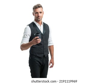 Serious Professional Guy In Suit Vest Holding Disposable Cup With Takeaway Coffee Isolated On White