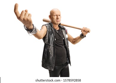 Serious Punk With A Bat Gesturing Come Here With Finger Isolated On White Background