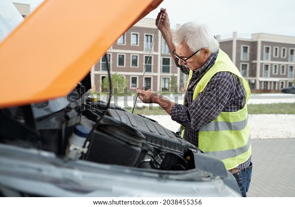 Serious senior bus driver with white hair checking\
oil level before ride