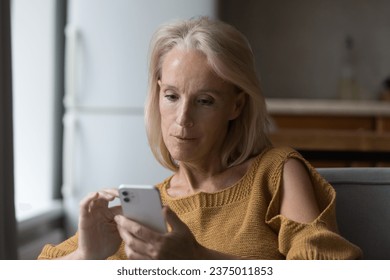 Serious senior elder lady using online app on smartphone, resting on home couch, browsing social media, shopping on internet, watching online media content. Elderly age, communication concept - Powered by Shutterstock