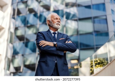 A serious successful bearded senior businessman in a suit is standing in front of his company with arms crossed and waiting for new challenges. A proud businessman standing outdoors.