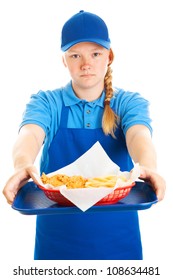 Serious teenage girl serving a fast food meal.  Isolated on white.