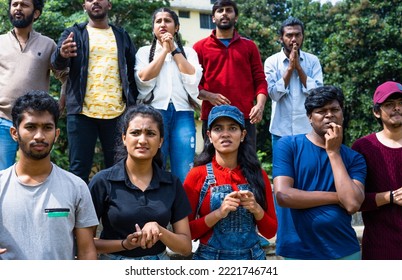 Serious Tensed Audience Watching Cricket Sports Match At Stadiumby Biting Nails And Praying God - Concept Of Entertainment, Championship And Hopeful