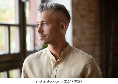 Serious thoughtful handsome millennial grey haired business man, entrepreneur looking at window away in deep thoughts, thinking of business project vision, career, company future. Head shot portrait - Powered by Shutterstock