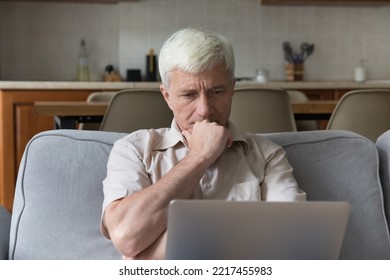 Serious Thoughtful Older Man Sit On Couch With Laptop, Learns Computer Software Or New Program, Looks Concerned, Experiences Difficulties With Modern Tech Usage, Lack Of Understanding, Reviewing Offer