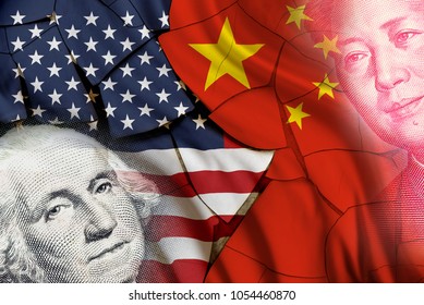 Serious trade tension or trade war between US and China, financial concept : Flags of USA and China with faces of Gorge Washington and Mao Zedong, depicts trade deficit between Washington and Beijing.