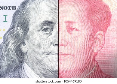 Serious trade tension or trade war between US and China, financial concept : Notes of USA and China with faces of Benjamin Franklin and Mao Zedong, depicts trade deficit between Washington and Beijing