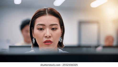 Serious woman, business and computer for reading, planning or thinking in creative startup. Japanese person, office and inspiration for project, news publication and journalist proofreading article