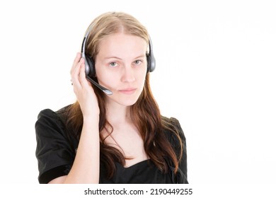 Serious Woman In Call Center Cheerful Support Phone Operator Portrait In Phone Headset