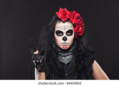 Young Girl Day Dead Mask Gun Stock Photo (Edit Now) 82083619