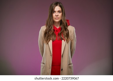 Serious Woman In Fall Coat. Isolated Advertising Portrait.