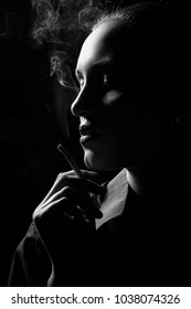 Serious Woman Smoking Cigarette On Black Stock Photo 1038074326 ...