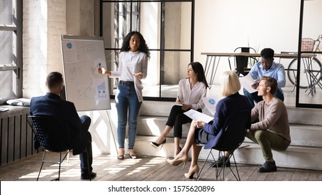 Serious Young African Ethnicity Businesswoman Trainer Speaker Presenting Research Results With Charts On Whiteboard, Explaining Company Marketing Strategy To Diverse Different Generations Colleagues.