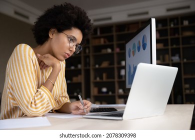 Serious Young Black Employee In Eyeglasses Working On Company Marketing Report, Writing Notes At Laptop Computer Monitor, Analyzing Statistic Research, Thinking Over Sales Data At Workplace