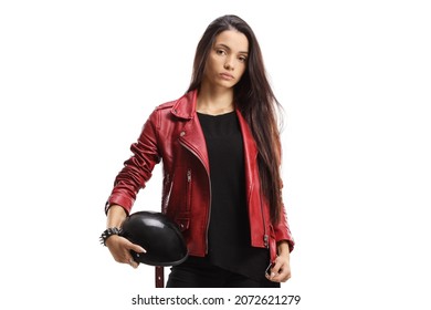 Serious Young Female Holding A Motorbike Helmet Isolated On White Background