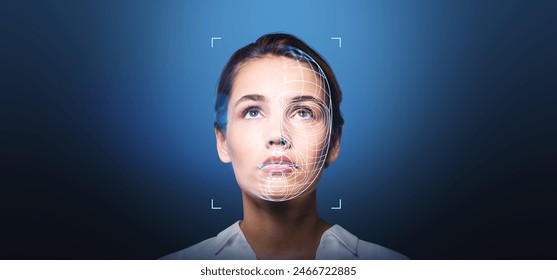 Serious young woman portrait and digital biometric scanning hologram, portrait looking up with face detection and recognition. Concept of verification and authentication. Copy space