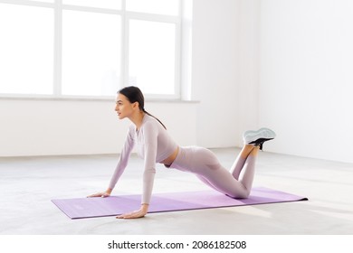 Serious Young Woman Standing In Plank Pose On Fitness Mat, Training At Home