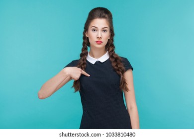 Seriously Arrogant Businesswoman Pointing Finger Himself, Looking At Camera. Studio Shots