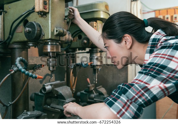 Seriously Milling Machine Factory Female Worker Stock Photo (edit Now 