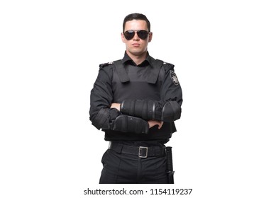 Seriuse Cop In Sunglasses, Uniform With Body Armor