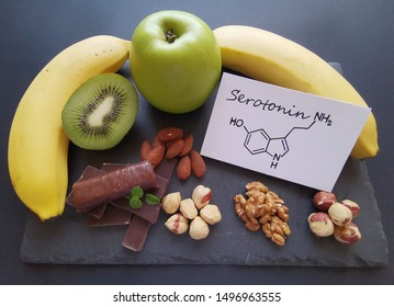 Serotonin-boosting foods. Assortment of food for good mood and happiness. Healthful foods that may help boost serotonin. Natural sources of serotonin with structural chemical formula of serotonin.