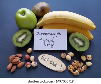 Serotonin-boosting Foods. Assortment Of Food For Good Mood And Happiness. Healthful Foods That May Help Boost Serotonin. Natural Sources Of Serotonin With Structural Chemical Formula Of Serotonin.