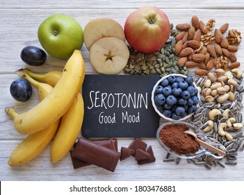 Serotonin-boosting Foods. Assortment Of Food For Good Mood, Happiness, Better Memory, And Positive Mind. Healthful Foods That May Help Boost Serotonin. Natural Sources Of Serotonin, Healthy Diet.