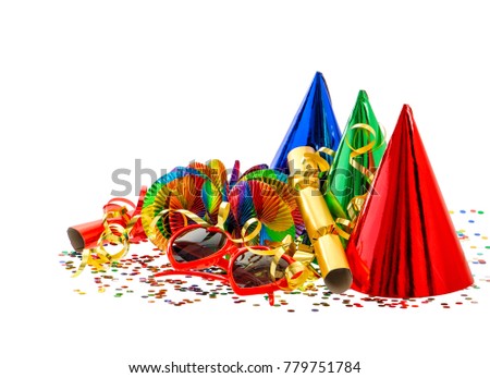 Serpentine, garlands, streamer, confetti. New Years party decoration. Carnival