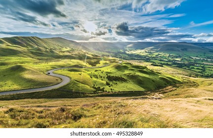 Serpentine Road Among Green Hills of Peak District National Park - Powered by Shutterstock